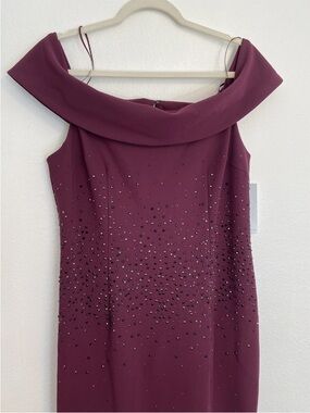 NWT Teri Jon Rickie Freeman Off Shldr Gown Purple Rhinestone Sz 14 Stretch Prom